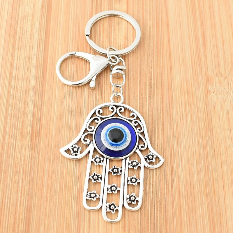 Porte-clés oeil main de Fatma bijou de sac avec mousqueton et anneau argenté