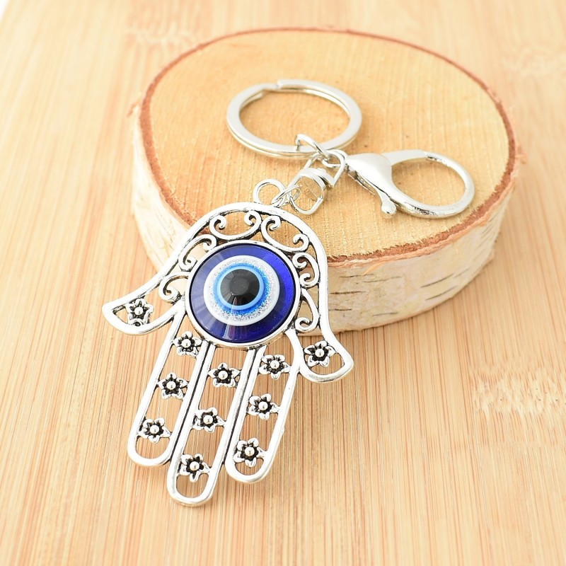 Porte-clés oeil main de Fatma bijou de sac avec mousqueton et anneau argenté