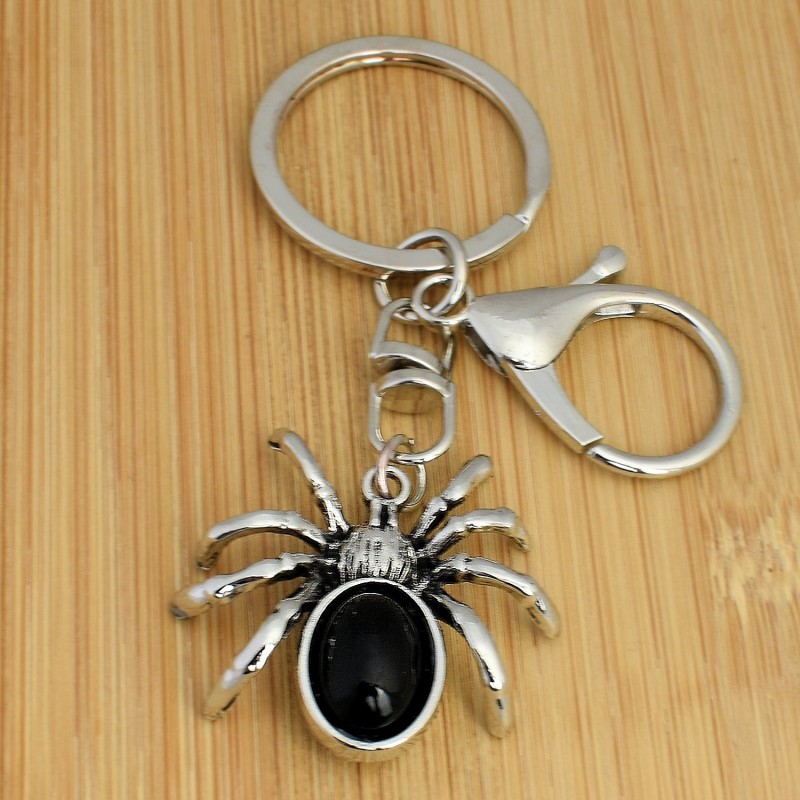 Porte-clés araignée perle noire bijou de sac avec mousqueton et anneau argenté