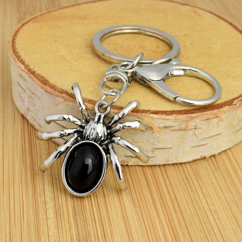 Porte-clés araignée perle noire bijou de sac avec mousqueton et anneau argenté