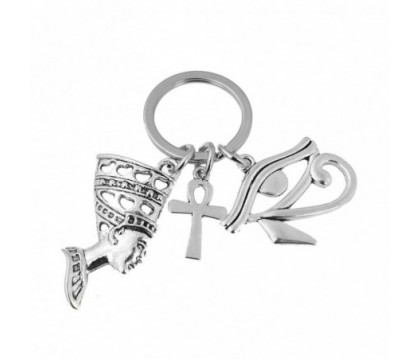 Porte-clés oeil d'Horus Oudjat d'Egypte ânkh croix ansée Néfertiti reine d'Egypte argenté
