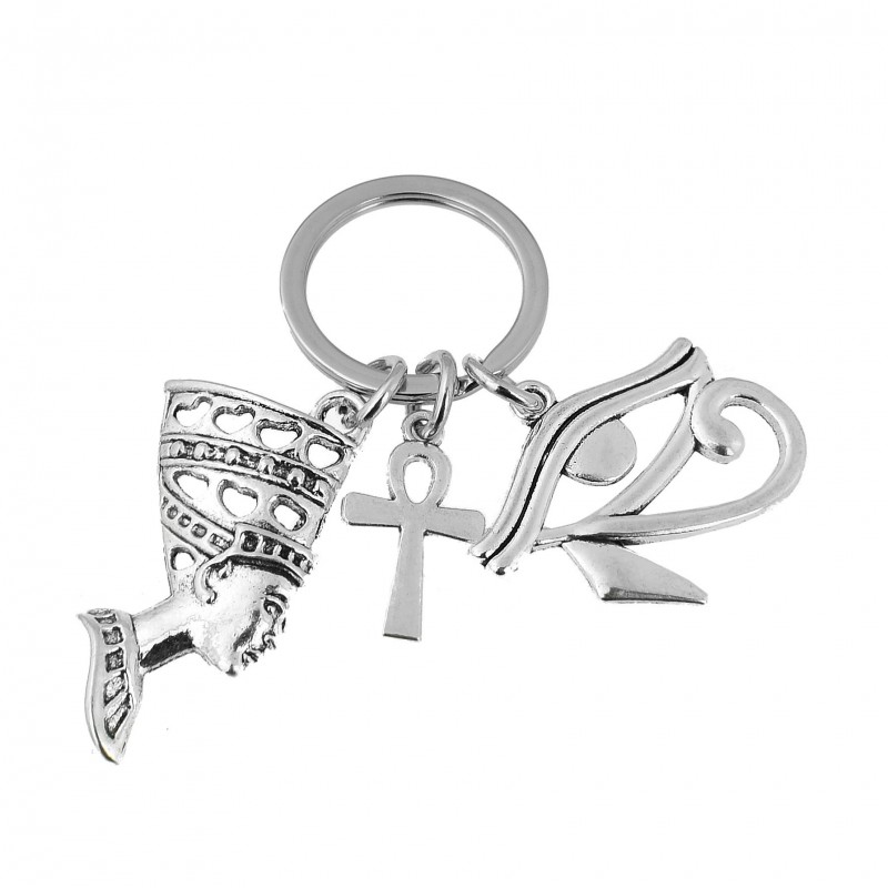 Porte-clés oeil d'Horus Oudjat d'Egypte ânkh croix ansée Néfertiti reine d'Egypte argenté