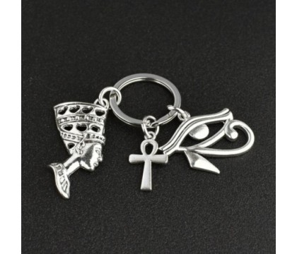 Porte-clés oeil d'Horus Oudjat d'Egypte ânkh croix ansée Néfertiti reine d'Egypte argenté