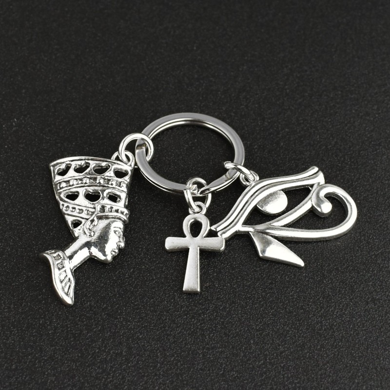 Porte-clés oeil d'Horus Oudjat d'Egypte ânkh croix ansée Néfertiti reine d'Egypte argenté