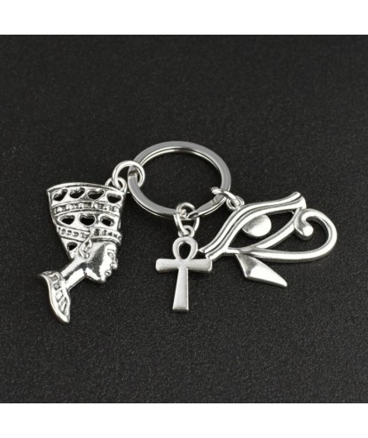 Porte-clés oeil d'Horus Oudjat d'Egypte ânkh croix ansée Néfertiti reine d'Egypte argenté