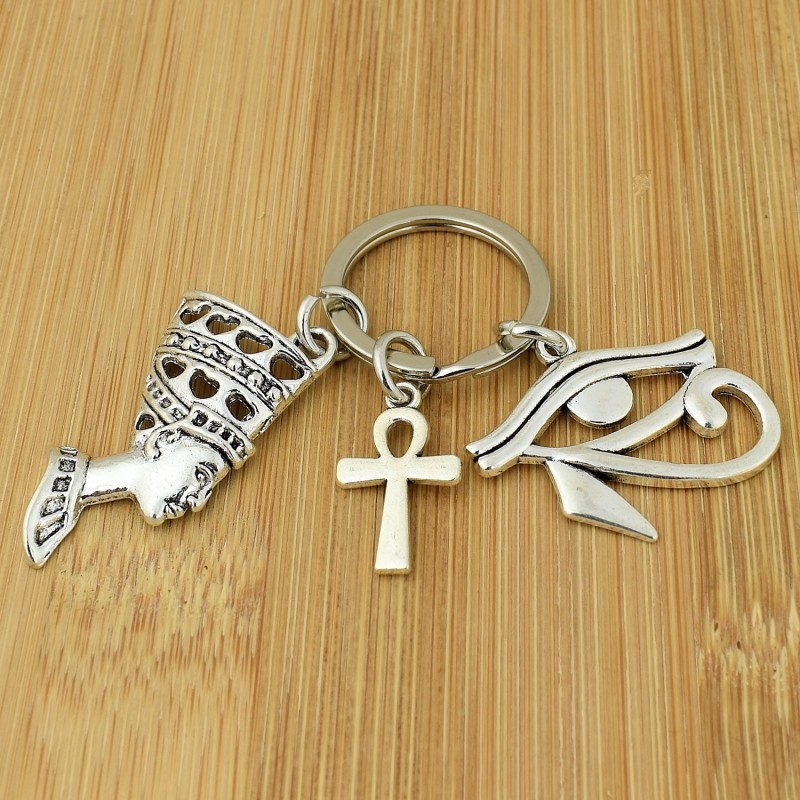 Porte-clés oeil d'Horus Oudjat d'Egypte ânkh croix ansée Néfertiti reine d'Egypte argenté