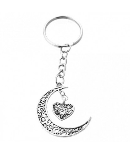 Porte-clés lune et coeur ciselé argenté
