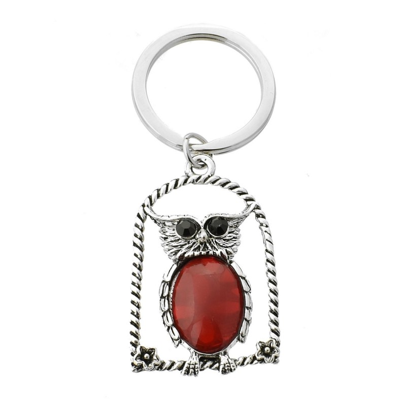 Porte-clés hibou rouge sur son perchoir avec fleurs yeux strass argenté