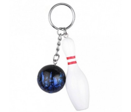 Porte-clés quille blanche et rouge, boule de bowling aux reflets bleutés argenté