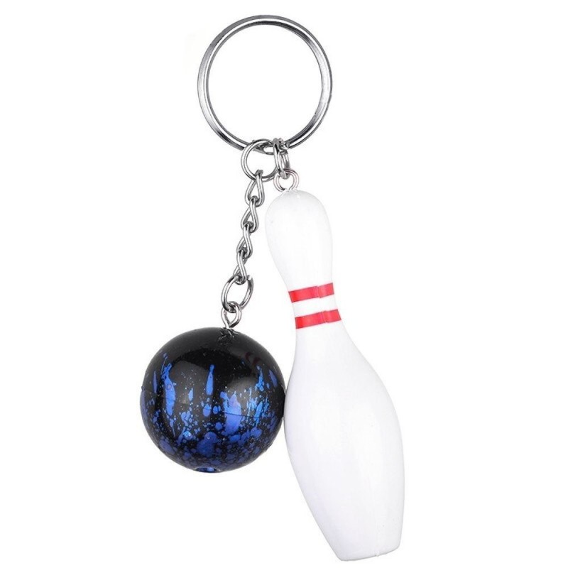 Porte-clés quille blanche et rouge, boule de bowling aux reflets bleutés argenté Porte-clés quille blanche et rouge, boule de bowling aux reflets bleutés argenté