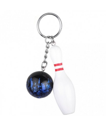 Porte-clés quille blanche et rouge, boule de bowling aux reflets bleutés argenté