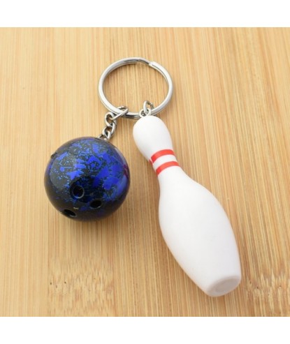 Porte-clés quille blanche et rouge, boule de bowling aux reflets bleutés argenté
