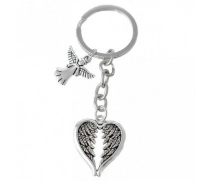 Porte-clés ange et ailes en forme de coeur argenté