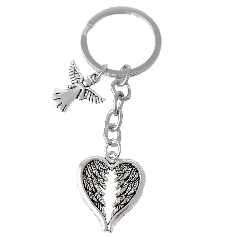 Porte-clés ange et ailes en forme de coeur argenté Porte-clés ange et ailes en forme de coeur argenté