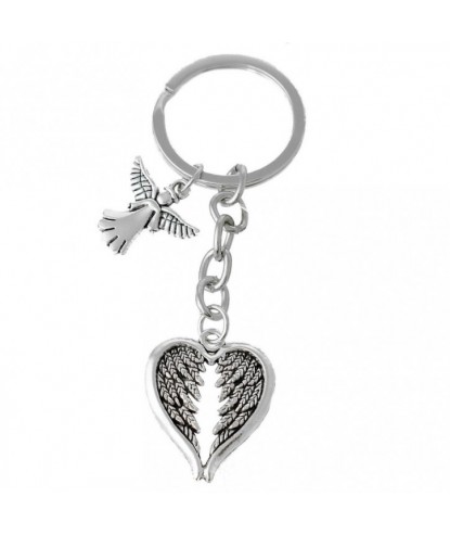Porte-clés ange et ailes en forme de coeur argenté