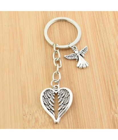 Porte-clés ange et ailes en forme de coeur argenté