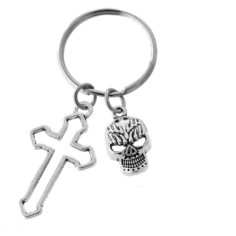 Porte-clés croix tête de mort argenté