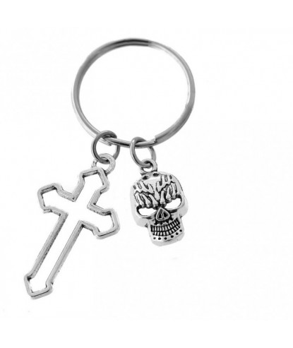 Porte-clés croix tête de mort argenté