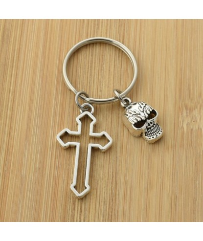 Porte-clés croix tête de mort argenté