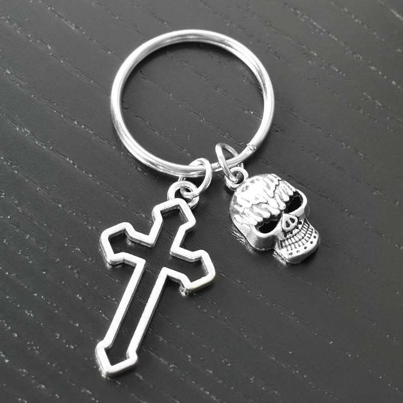 Porte-clés croix tête de mort argenté