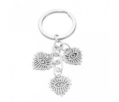 Porte-clés 3 pendentifs oeil dans un coeur argenté