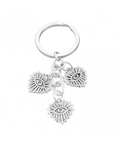 Porte-clés 3 pendentifs oeil dans un coeur argenté