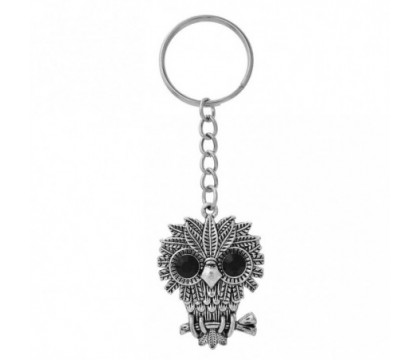 Porte-clés hibou aux grands yeux ronds et noirs argenté