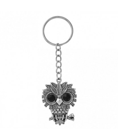 Porte-clés hibou aux grands yeux ronds et noirs argenté