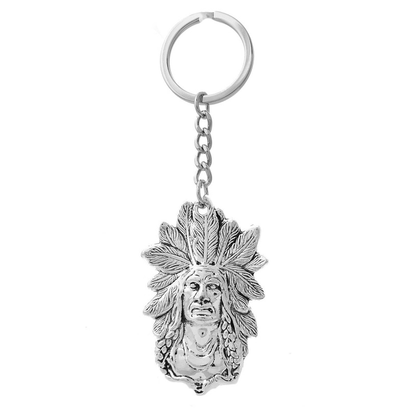 Porte-clés tête d'indien d'Amérique coiffe plume argenté