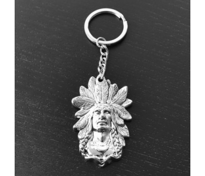 Porte-clés tête d'indien d'Amérique coiffe plume argenté