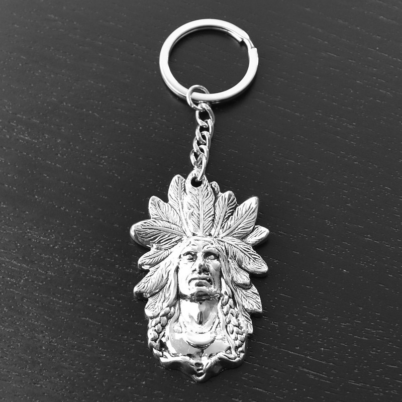 Porte-clés tête d'indien d'Amérique coiffe plume argenté