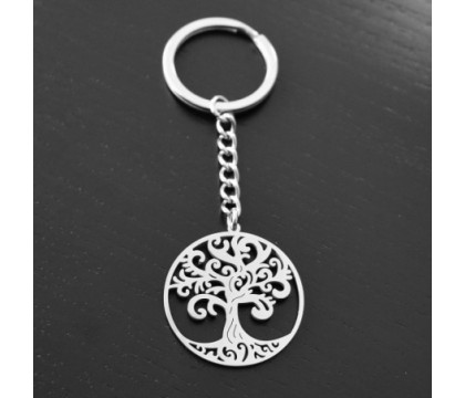 Porte-clés arbre de vie dans un cercle argenté