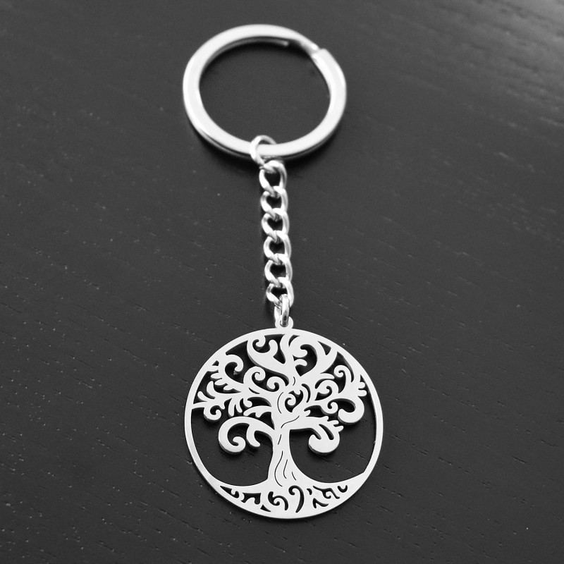 Porte-clés arbre de vie dans un cercle argenté