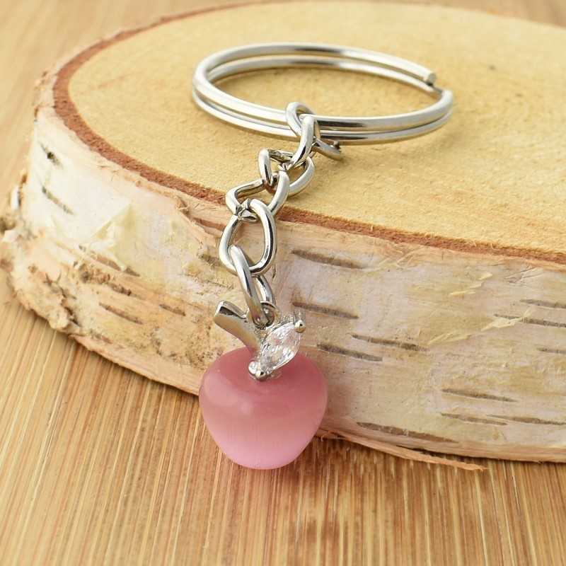 Porte-clés pomme rose oxyde de zirconium argenté