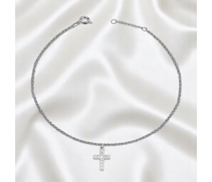 Chaîne de cheville croix sertie d'oxyde de zirconium Argent 925 Rhodié Chaîne de cheville croix sertie d'oxyde de zirconium Argent 925 Rhodié