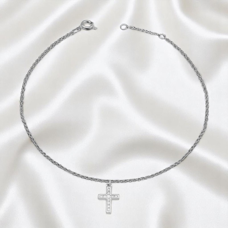 Chaîne de cheville croix sertie d'oxyde de zirconium Argent 925 Rhodié Chaîne de cheville croix sertie d'oxyde de zirconium Argent 925 Rhodié