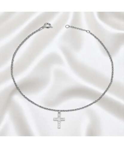 Chaîne de cheville croix sertie d'oxyde de zirconium Argent 925 Rhodié