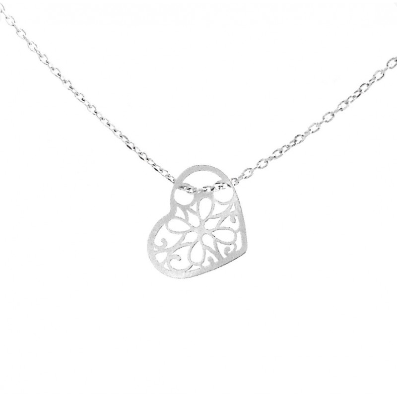 Collier coeur ajouré arabesque fleur Argent 925 Rhodié