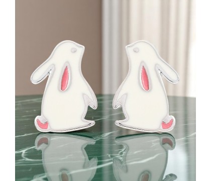 Boucles d'oreilles lapin émail blanc et rose Argent 925 Rhodié