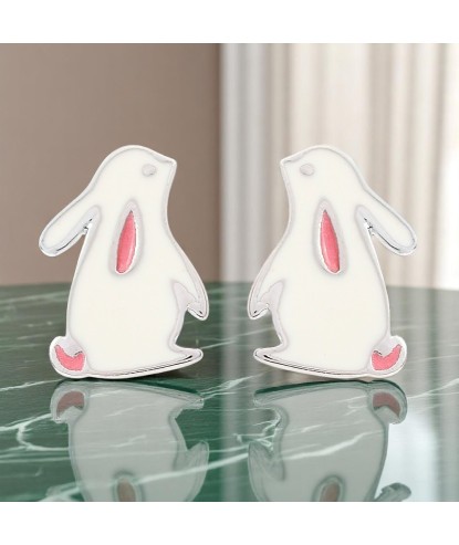Boucles d'oreilles lapin émail blanc et rose Argent 925 Rhodié
