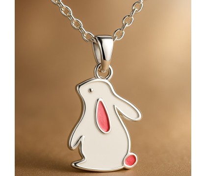 Collier lapin émail blanc et rose Argent 925 Rhodié