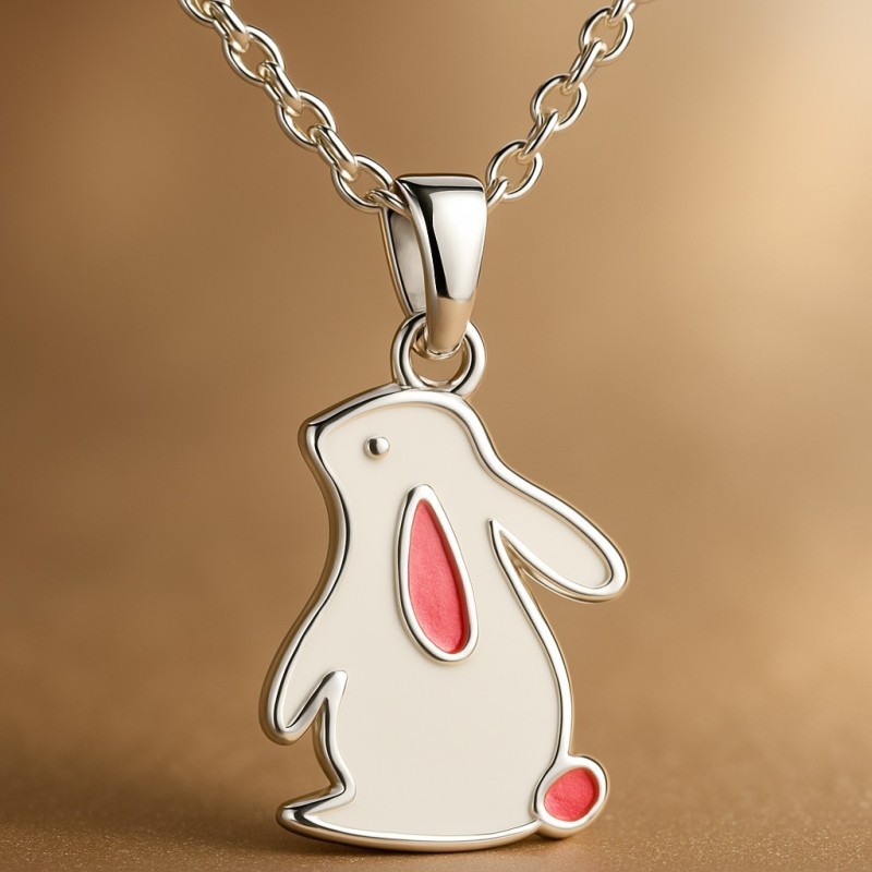 Collier lapin émail blanc et rose Argent 925 Rhodié