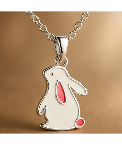 Collier lapin émail blanc et rose Argent 925 Rhodié