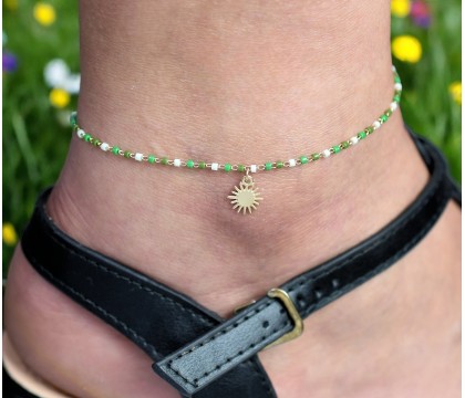 Chaîne de cheville soleil pendant perles Miyuki dégradé de vert Plaqué OR 750 3 microns