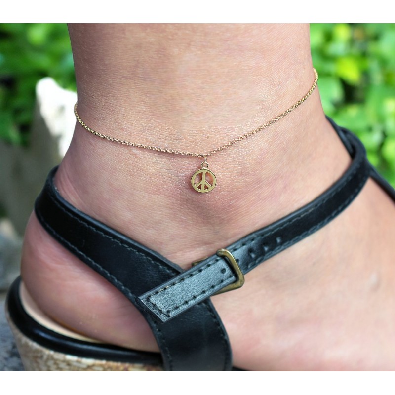 Chaîne de cheville Peace And Love pendant symbole de paix et amour Plaqué OR 750 3 microns