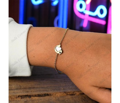 Bracelet oiseau coeur de nacre oeil oxyde de zirconium noir Plaqué OR 750 3 microns