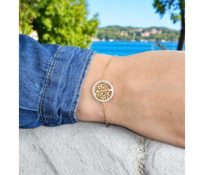 Bracelet arbre de vie cercle serti d'oxydes de zirconium Plaqué OR 750 3 microns 2 tons