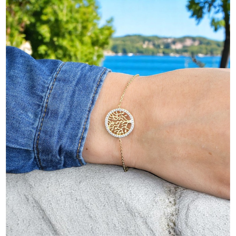 Bracelet arbre de vie cercle serti d'oxydes de zirconium Plaqué OR 750 3 microns 2 tons