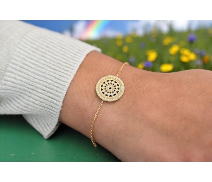Bracelet soleil dans un cercle serti d'oxyde de zirconium Plaqué OR 750 3 microns