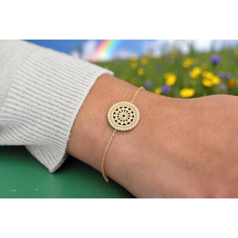 Bracelet soleil dans un cercle serti d'oxyde de zirconium Plaqué OR 750 3 microns